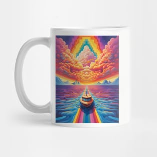 Tug Boat on Ocean under the Rainbow Sky Mug